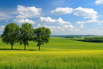 Three trees stand sentinel in a vibrant green field, beneath a vast blue sky dotted with fluffy clouds