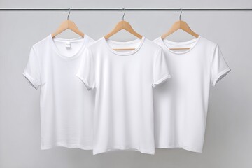 Three blank white t-shirts on wooden hangers