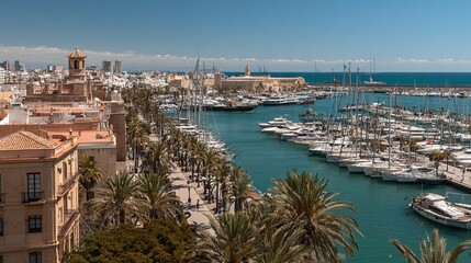 Fototapeta premium Panoramic view of a Mediterranean harbor city with buildings, palm trees, and yachts