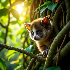 Fototapeta premium A slow loris hidden among tropical vines, peeking out as golden sunlight breaks through the canopy.
