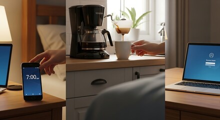 Morning Routine: Waking Up, Checking Phone, Making Coffee, and Working on Laptop