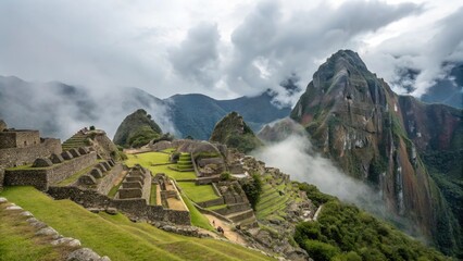 Ancient inca citadel of machu picchu nestled in the andes mountains with dramatic clouds