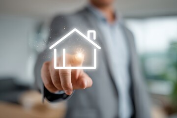 A person in a suit touches a house icon projected on a surface