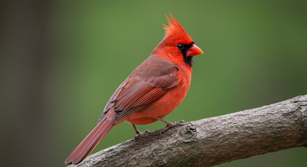 Cardinal bird with bright red feathers perched on a tree branch, surrounded by soft natural green background.