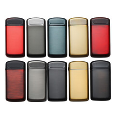 Collection of ten modern lighters in various colors and finishes arranged in two rows on a black background isolated on transparent background