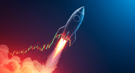 Rocket Launching with Upward Stock Market Trend.