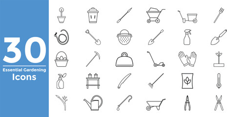 30 Essential Gardening Icons Set Line Art Style collection
