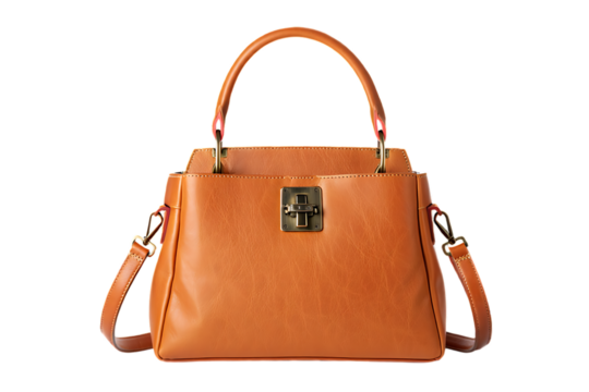 Elegant Tan Leather Handbag with Brass Latch and Top Handle Isolated on a Pure Black Background
