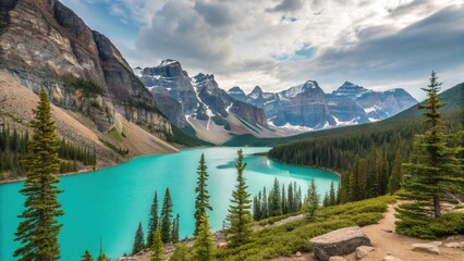 Turquoise moraine lake surrounded by majestic rocky mountains and evergreen forest