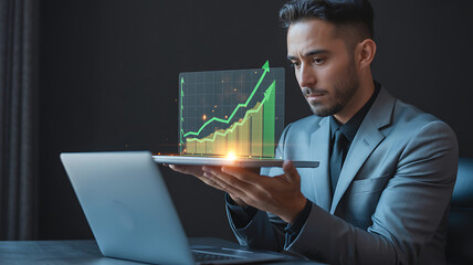 Focused businessman analyzing rising financial graph projected from tablet over laptop in modern office