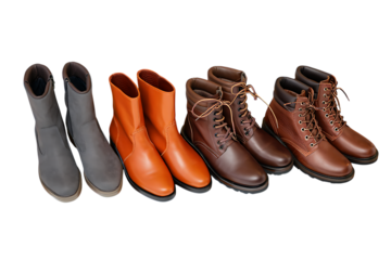 Three pairs of stylish men's leather boots in grey, tan, and brown on a black background.