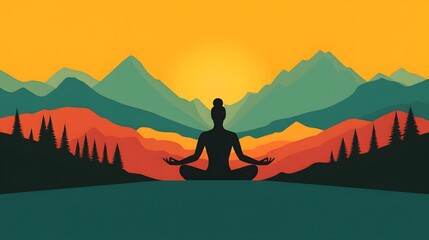 A woman meditates amidst colorful mountains.