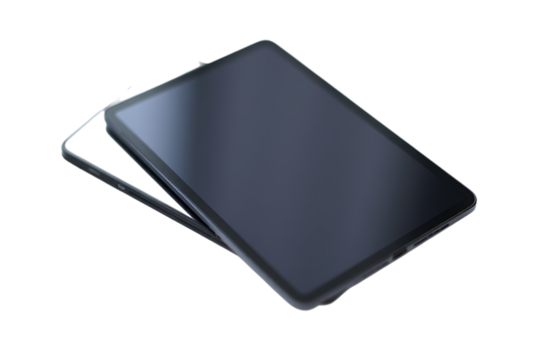 Sleek modern tablet with a transparent screen protector positioned on a dark minimalist background