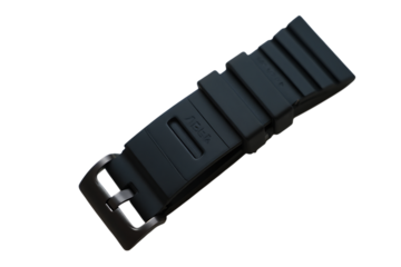 Durable black ribbed silicone watch strap with a silver metal buckle and brand detailing on a dark background