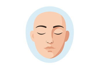 A bald head rests within a light blue circle eyes are closed and peaceful