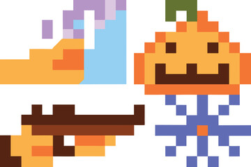 Pixel art icons orange pumpkin blue ghost brown character set of