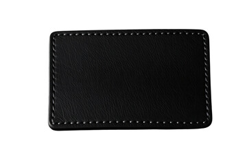 Rectangular Black Leather Patch with Prominent White Stitching, Isolated on a Dark Background