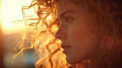 Natural Curls Glow in Golden Hour Light, Captured in a Serene Side View Showcasing Curly Hair Texture and Soft Facial Features