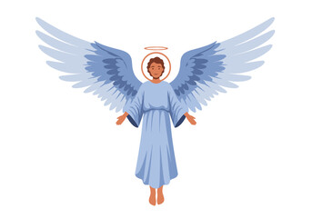 Obraz premium Angelic figure with large wings halo above head in lightblue gown arms extended