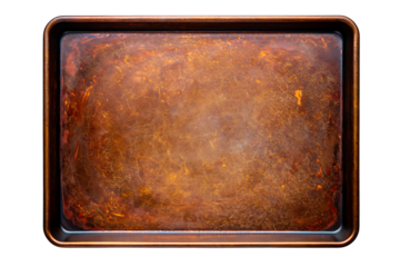 Heavily seasoned and textured metal baking sheet with rich burnt orange and brown tones, showcasing an authentic industrial look.