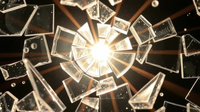 Shattered glass fragments exploding outwards from bright light