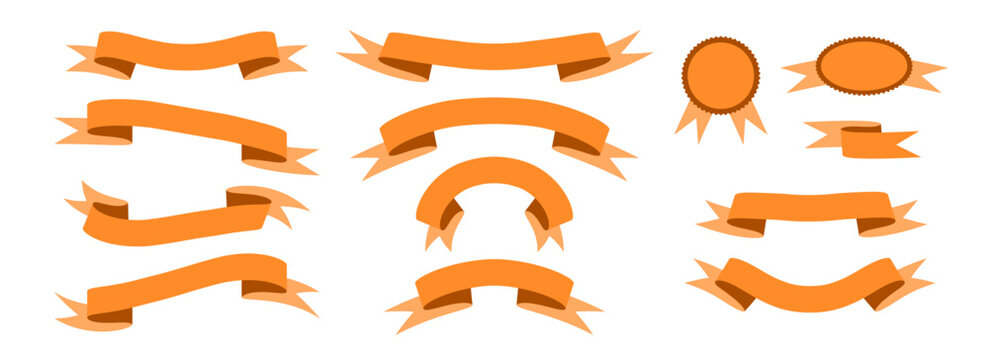 Orange ribbon banner set. Wavy and curved ribbons collection for emblem, sticker, advertising, poster, promotion, frame. Vintage label tag element bundle for graphic design template. Vector