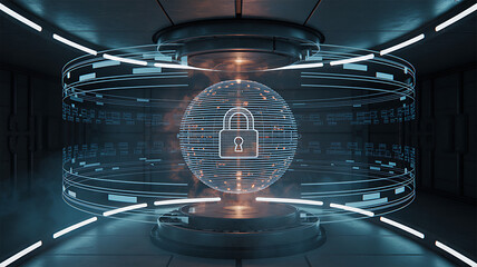 abstract digital security concept with a holographic padlock inside a glowing sphere surrounded by futuristic technology elements representing cyber data protection