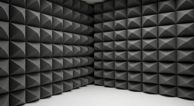 Empty room with section of grey patterned sound proof foam