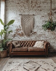 Rustic living room with leather couch and macrame