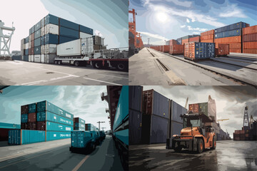 Collage showcasing various aspects of a bustling port with shipping containers and vehicles.  The image depicts a dynamic and active shipping hub.