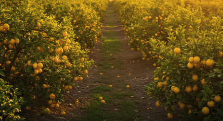 Naklejka premium Sun-kissed lemon grove with rows of citrus trees laden with ripe, yellow fruit during a warm sunset.