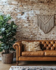 Rustic living room with leather couch, plants, and wall art