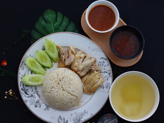 Khao Man Gai — Thai-style Hainanese chicken rice featuring tender boiled chicken served with aromatic chicken oil rice, rich soy-based dipping sauce, and fresh cucumber slices. A beloved Thai comfort 