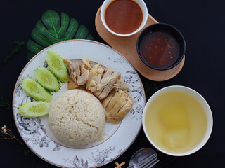 Khao Man Gai — Thai-style Hainanese chicken rice featuring tender boiled chicken served with aromatic chicken oil rice, rich soy-based dipping sauce, and fresh cucumber slices. A beloved Thai comfort 