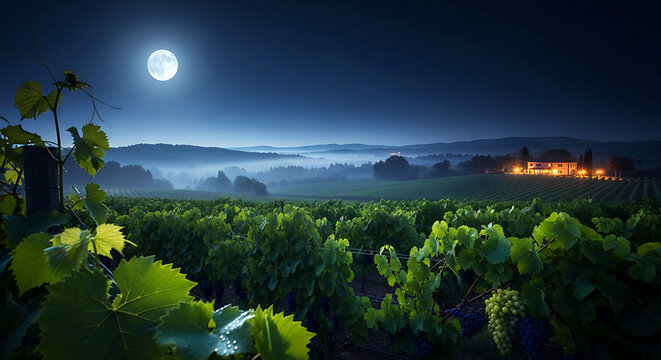 A serene full moon illuminates a vast vineyard landscape at night, with a charming, lit-up villa nestled among rolling misty hills.