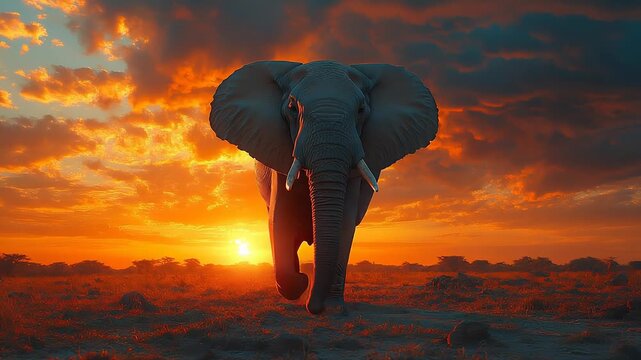 Majestic Elephant Walking at Sunset in the African Savannah with Vibrant Sky