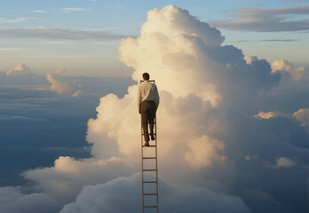 businessman standing on ladder
