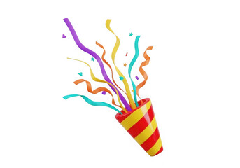 A festive party popper exploding with colorful streamers and confetti isolated on transparent background