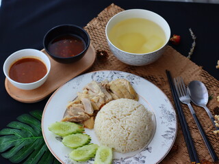 Khao Man Gai — Thai-style Hainanese chicken rice featuring tender boiled chicken served with aromatic chicken oil rice, rich soy-based dipping sauce, and fresh cucumber slices. A beloved Thai comfort 