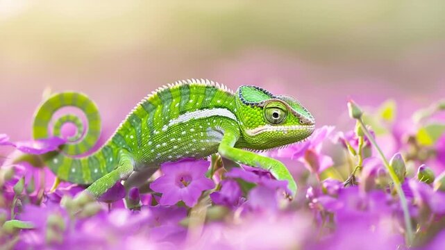 Vibrant green chameleon perched amidst a profusion of purple blossoms, its curled tail adding a playful touch to the scene