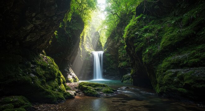 Enchanting waterfall cascade nestled within a lush, moss-covered canyon paradise