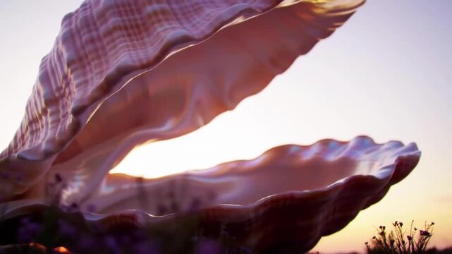 A large open seashell amidst blooming lavender fields at sunset, capturing nature's beauty