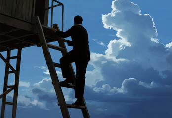 silhouette of a man on ladder