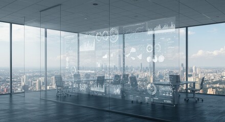 Futuristic conference room with interactive glass wall overlooking the cityscape
