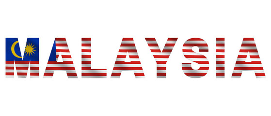 The text "MALAYSIA" styled with the national flag design, featuring red and white stripes and crescent moon and star from the Jalur Gemilang, on a clean white background. Typography patriotic concept