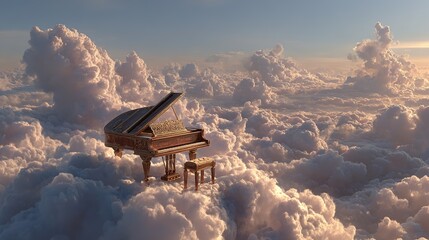 Fototapeta premium Grand Piano on a Cloud: Surreal Piano Music Concept Art for an Album