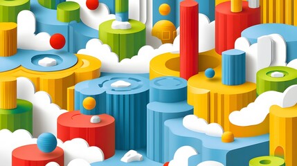 Fototapeta premium Abstract landscape design with colorful geometric shapes and clouds.