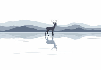 Pixel art deer stands in water reflected with a mountain backdrop in shades of gray © Zals Images