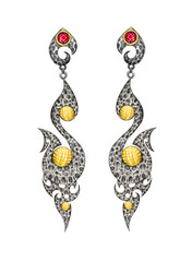 Jewelry design art earrings with yellow and red sapphire by hand drawn.