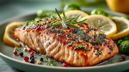 Grilled salmon fillet with lemon slices, herbs, and peppercorns on a plate in bright light.